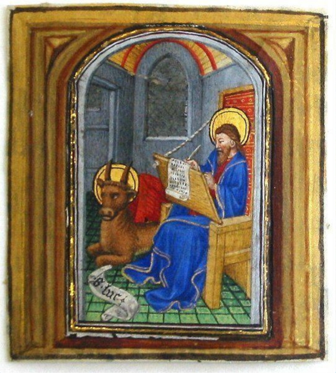 Manuscript cutting framed illuminated miniature from two manuscripts showing saint lukemanuscript cutting framed illuminated miniature from two manuscripts showing saint luke