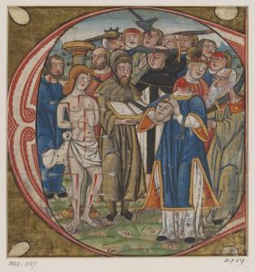Manuscript cutting illuminated initial ‘c’ from a gradual showing christian martyrsmanuscript cutting illuminated initial ‘c’ from a gradual showing christian martyrs