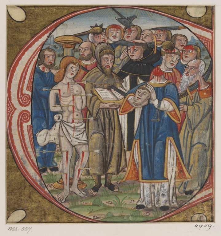 Manuscript cutting illuminated initial ‘c’ from a gradual showing christian martyrsmanuscript cutting illuminated initial ‘c’ from a gradual showing christian martyrs
