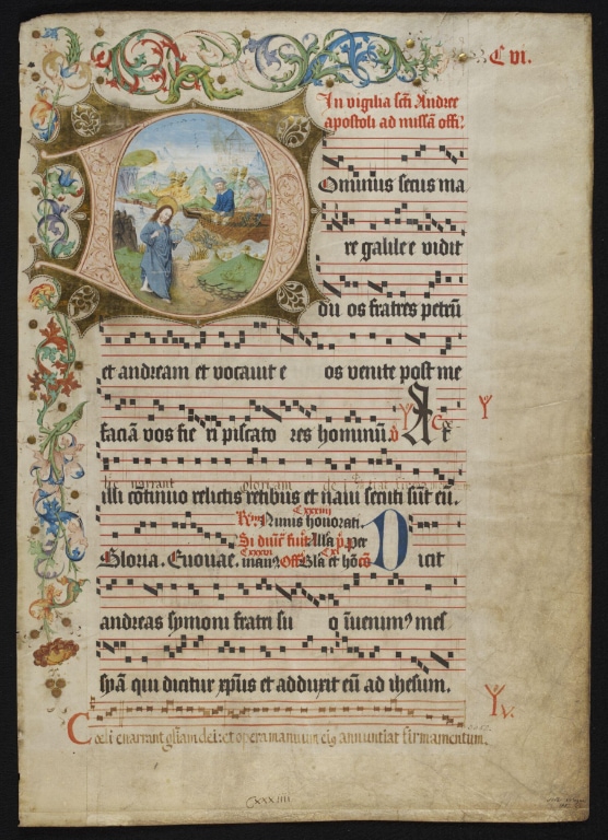 Manuscript cutting illuminated initial ‘d’ showing christ, saint peter and saint andrew’manuscript cutting illuminated initial ‘d’ showing christ, saint peter and saint andrew’