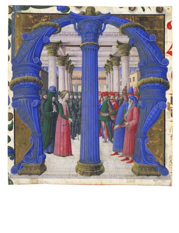 Manuscript cutting illuminated initial ‘m’ showing saint giustina and maximianmanuscript cutting illuminated initial ‘m’ showing saint giustina and maximian