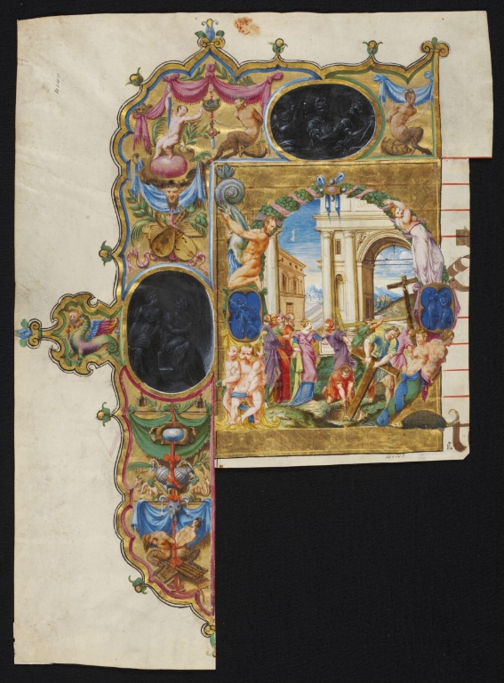 Manuscript cutting illuminated ‘h’ from a choir book showing the finding of the crossmanuscript cutting illuminated ‘h’ from a choir book showing the finding of the cross