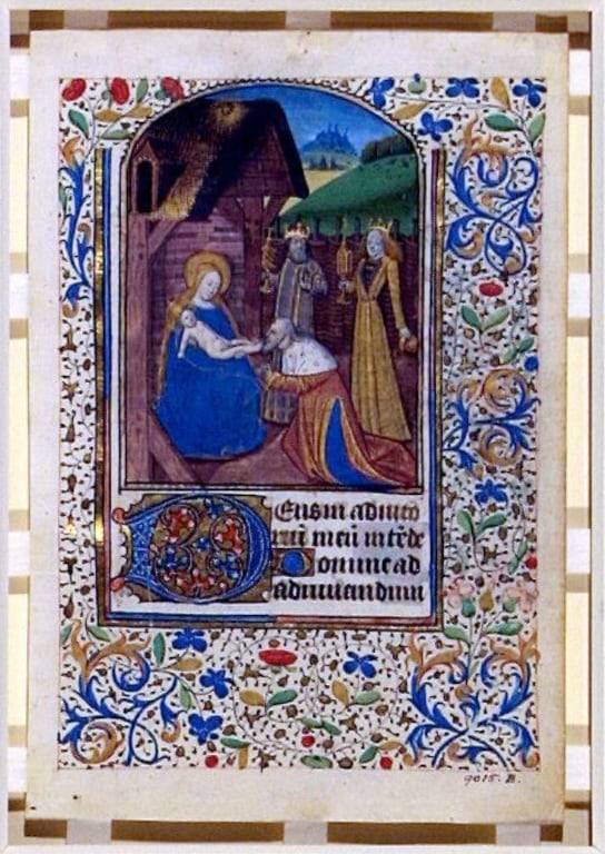 Manuscript cutting leaf from a book of hours showing the adoration of the magi