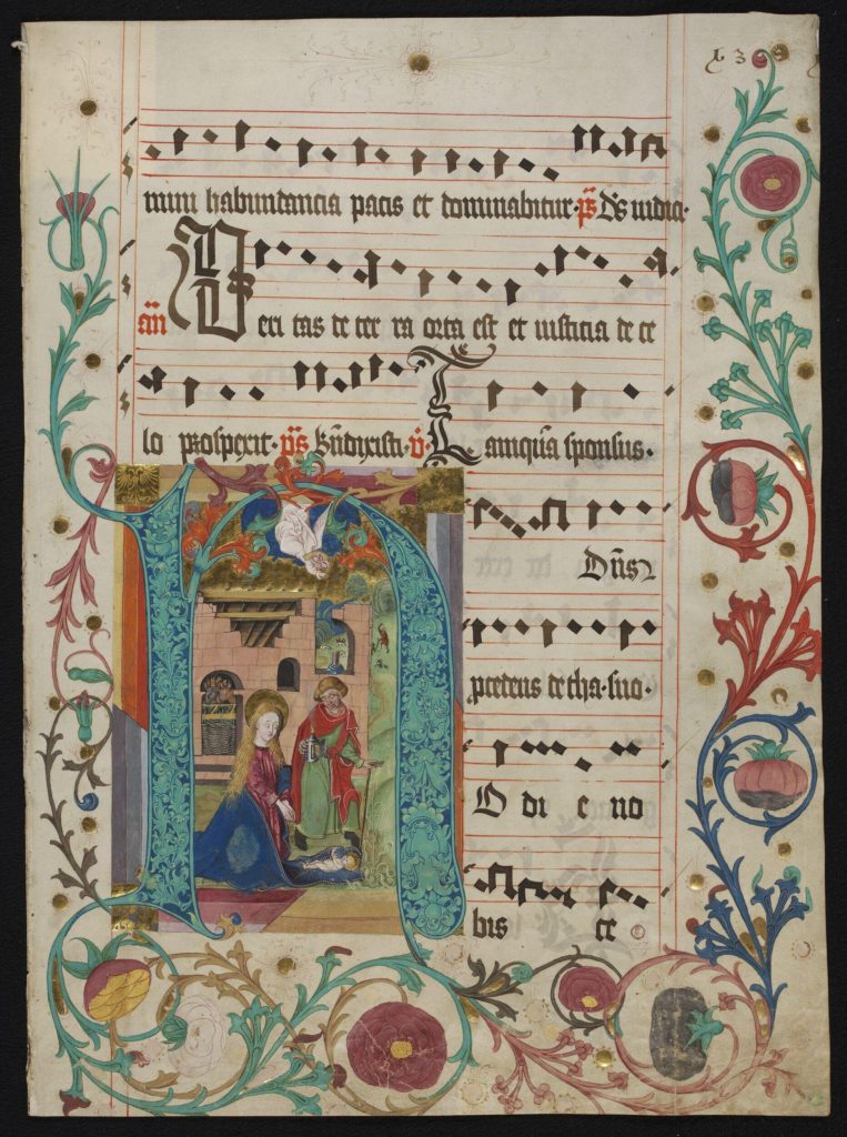 Manuscript cutting leaf from a choir book showing a nativity scenemanuscript cutting leaf from a choir book showing a nativity scene