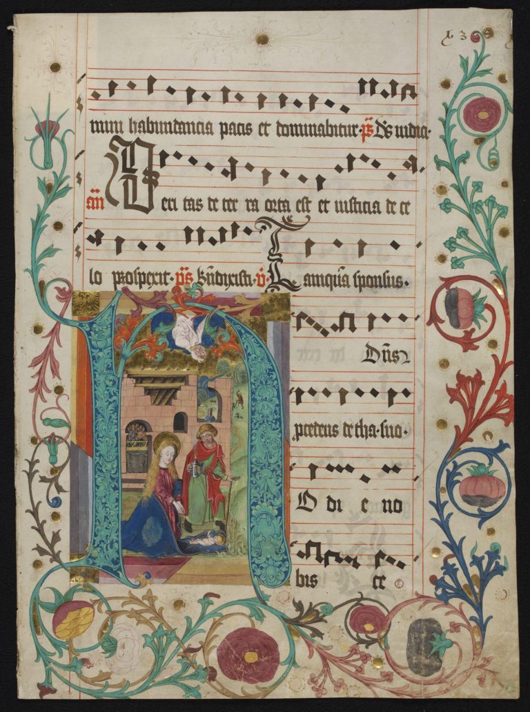 Manuscript cutting leaf from a choir book showing a nativity scenemanuscript cutting leaf from a choir book showing a nativity scene