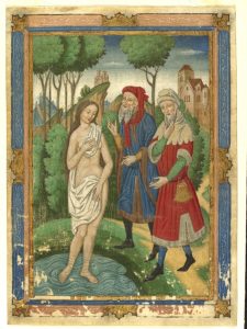 Manuscript cutting miniature from a choir book showing susannah and the eldersmanuscript cutting miniature from a choir book showing susannah and the elders